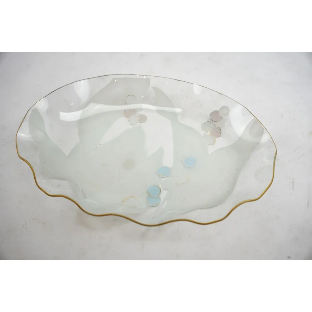 Vintage‎ Frosted Glass Floral Serving Platter Gold Trim Scalloped Edge